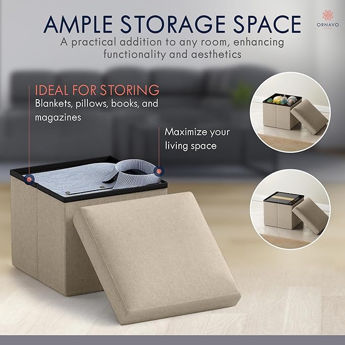 Ornavo Home Small Storage Ottoman Foldable Collapsible Cube Square Linen