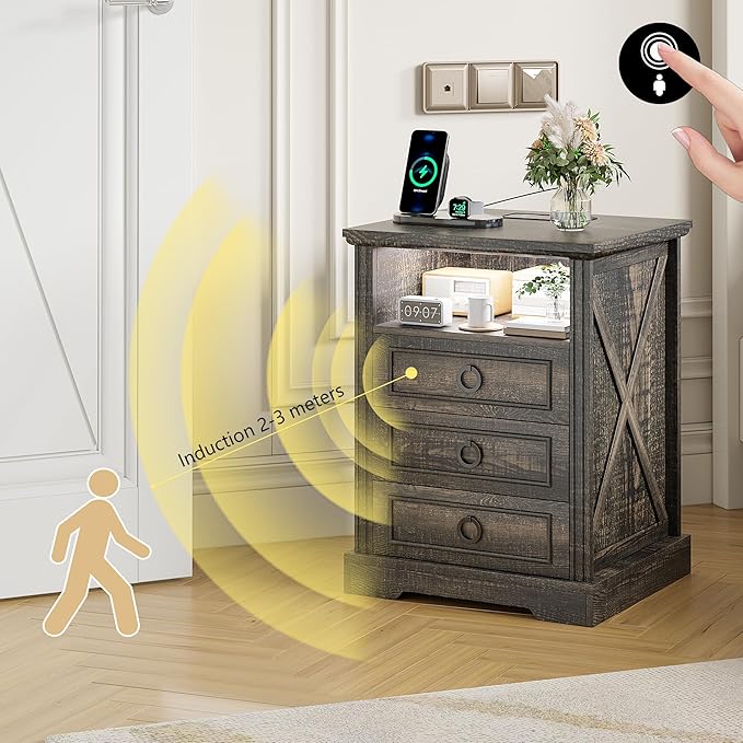 Nightstand Set 2 with Charging Station, Farmhouse End Side Table with 3 Drawers