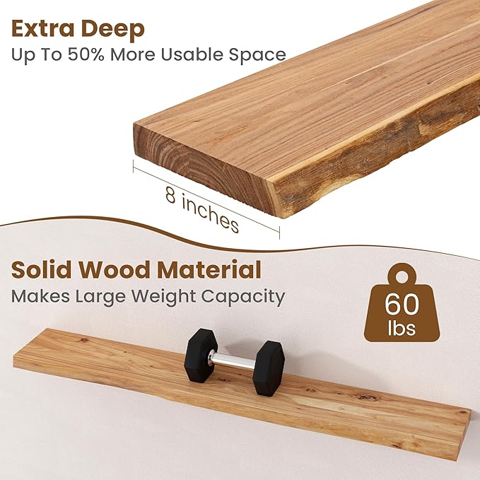 Floating Shelves for Wall Decor, Rustic Solid Elm Wood Live Edge Floating
