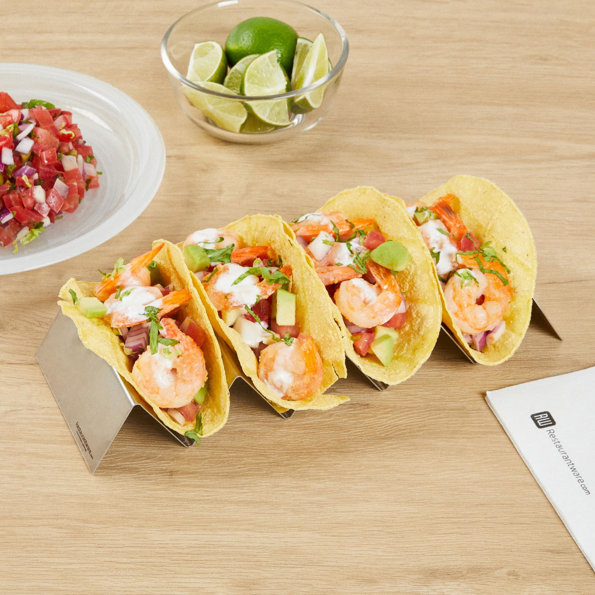Restaurantware 10.7 Inch x 4 Inch Taco Stand 1 Holds 4 Tacos Taco Rank - Reversible Dishwasher Safe Stainless Steel Taco Holder For Hard Or Soft Shells