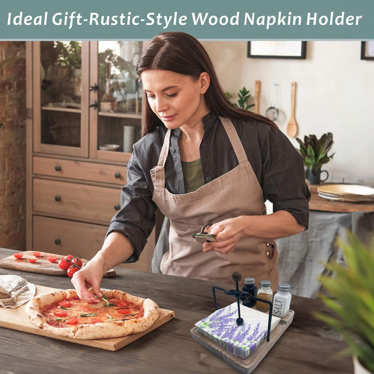 Flat Napkin Holder with Salt and Pepper Shakers, Kitchen Table Decor, 2-in-1 Rustic Napkin Holder for Paper Napkins, Wooden Table Decor for Bar, Kitchen & Dinning Room