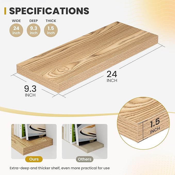 Acovy 24 Inch Floating Shelves, 9.3" Deep Floating Shelf Wall Mounted, Rustic