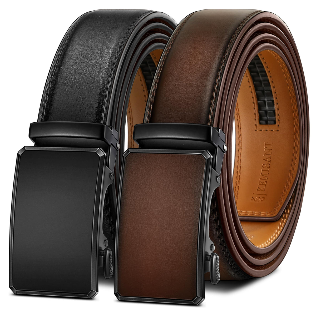 KEMISANT Men Belt 2 Pack, Leather Ratchet Belt Easy Click Slide For Men 1 3/8",Cut for Fit(Black/Deep Brown,32"-38" Waist Adjustable)