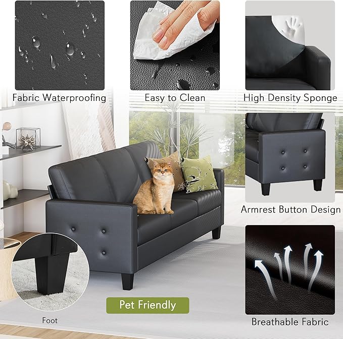 STHOUYN Black Faux Leather 3 Seater Sofa and Accent Chair Set of 2, Modern