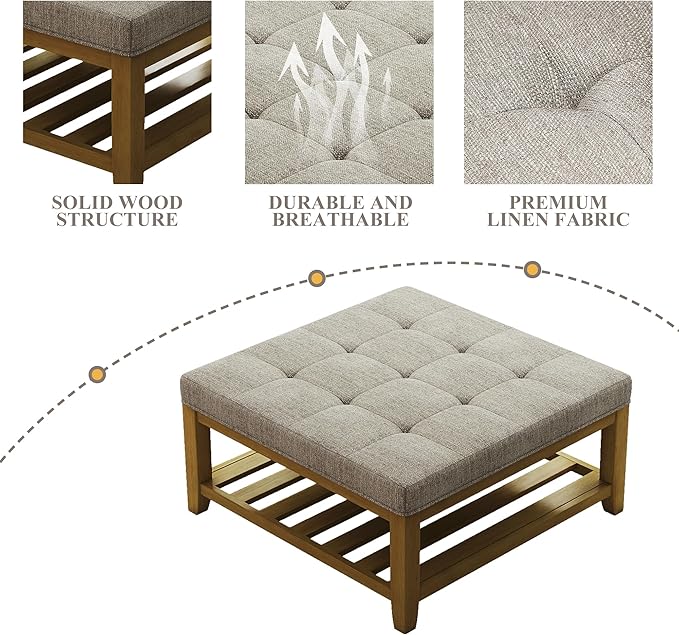 Befurtori Large Square Ottoman Coffee Table, Linen Solid Upholstered Footrest