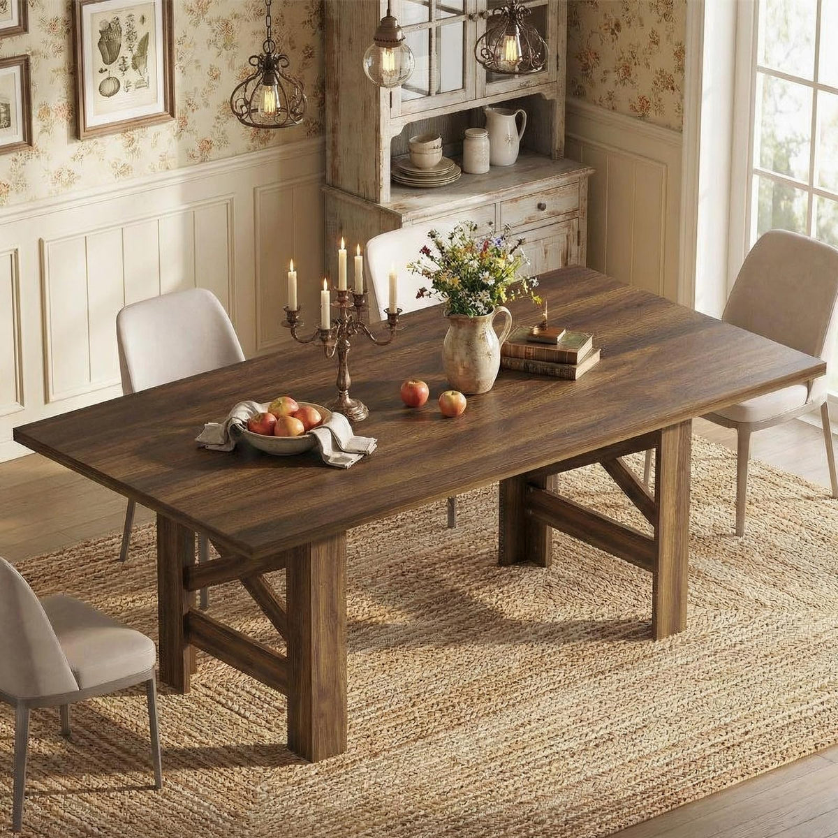 GarveeHome Dining Table for 6-8, 71" Long Large Wooden Farmhouse Kitchen Table with Thick Sturdy Frame, Rectangular Dining Room Dinner Table with Stable Triangular Legs for Kitchen,Office, Retro Brown