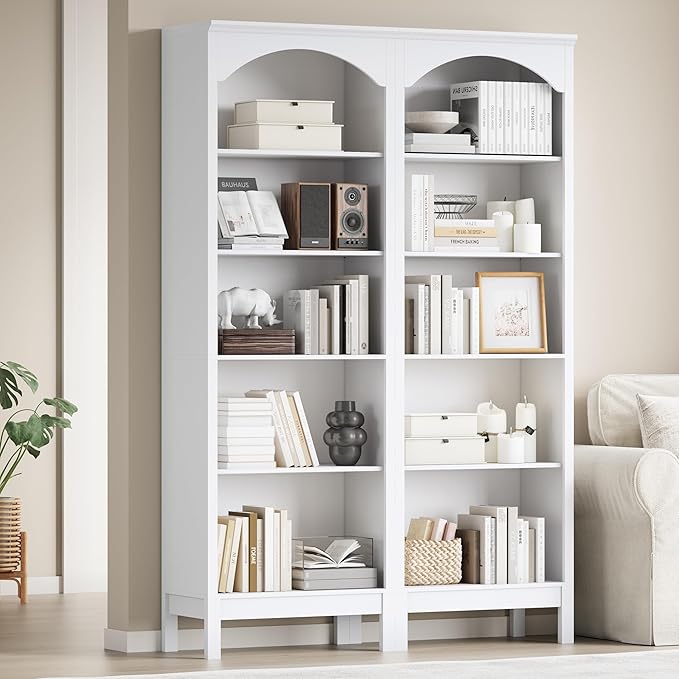 Arched Bookshelf with 5 Tier Open Shelves, Study and Living Room, Modern White