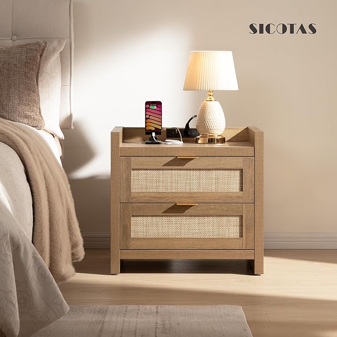 SICOTAS Rattan Nightstand End Table