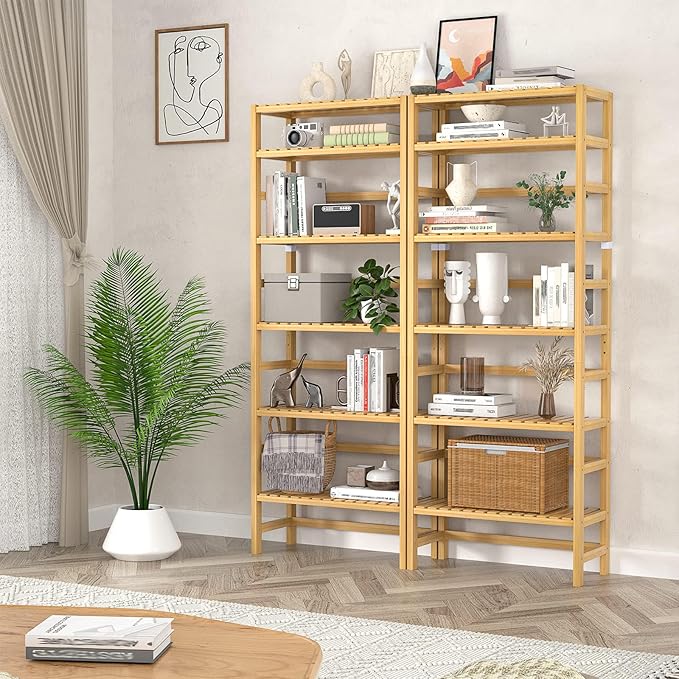 Homykic 6-Tier Bamboo Bookshelves and Bookcases, Adjustable 63.4”Tall Shallow
