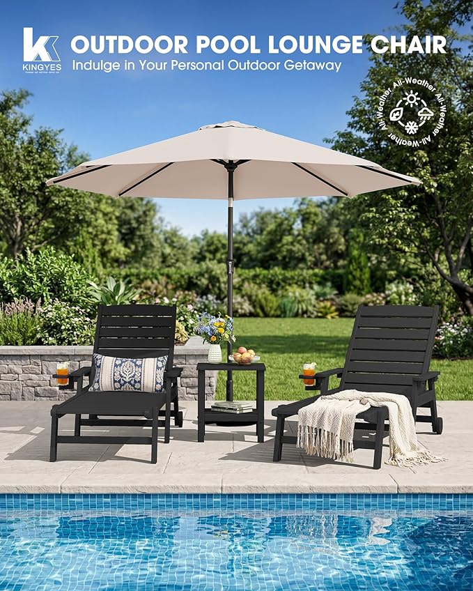 KINGYES HDPE Lounge Chair Outdoor Set of 2, Patio Chaise Lounge Recliner