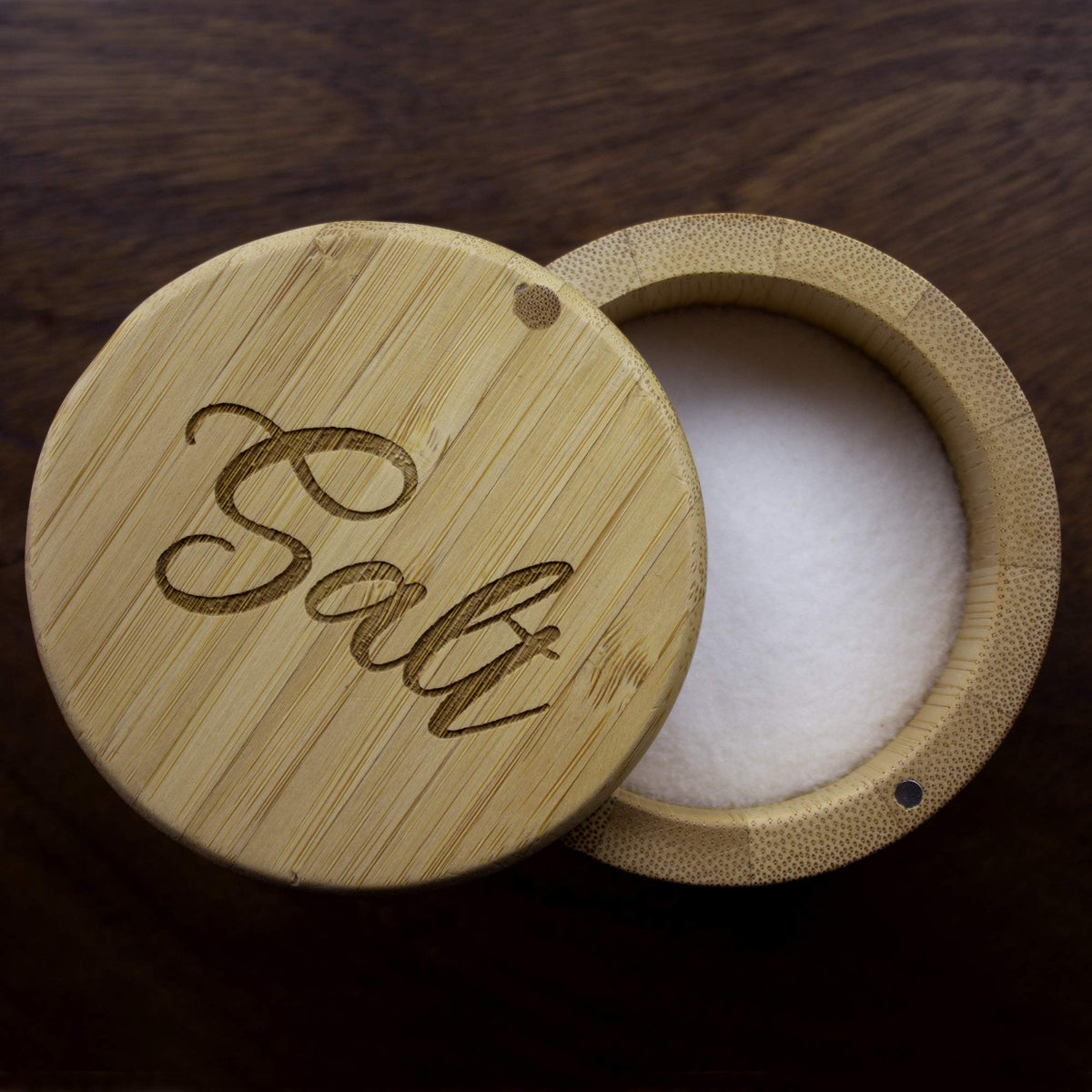 Totally Bamboo Salt Cellar Bamboo Storage Box with Magnetic Swivel Lid, 6 Ounce Capacity, Salt Engraved on Lid