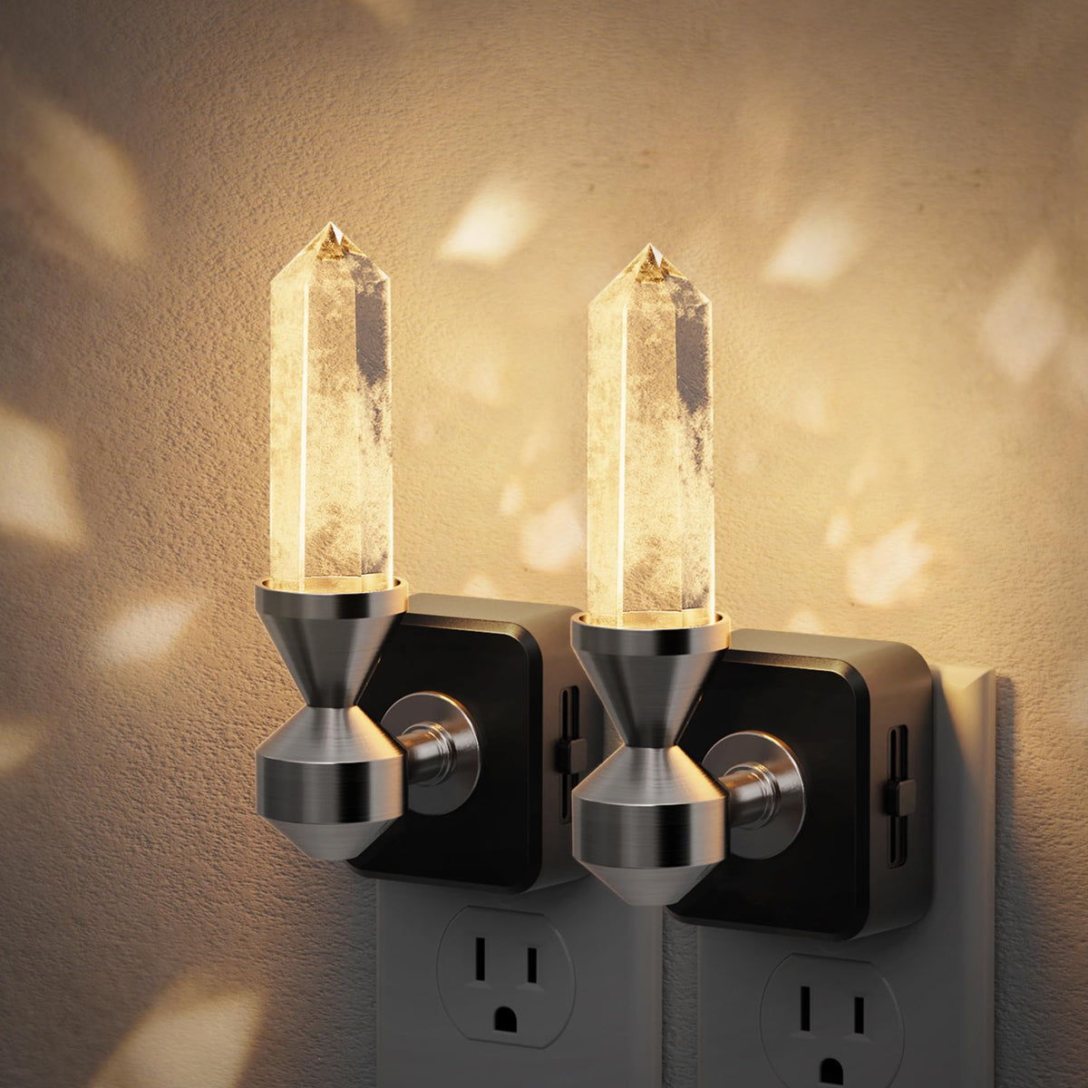 JandCase Healing Crystals LED Night Light Plug into Wall, 2 Pack Dimmable Night Lights witih Clear Quartz Tower, Dusk to Dawn Sensor Nightlights for Meditation Living Room Bedroom Home Decor