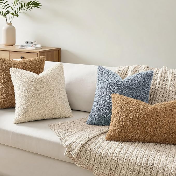 Faux Fur Throw Pillow Covers 20x20 Inch Set of 2 Boucle Neutral Decorative
