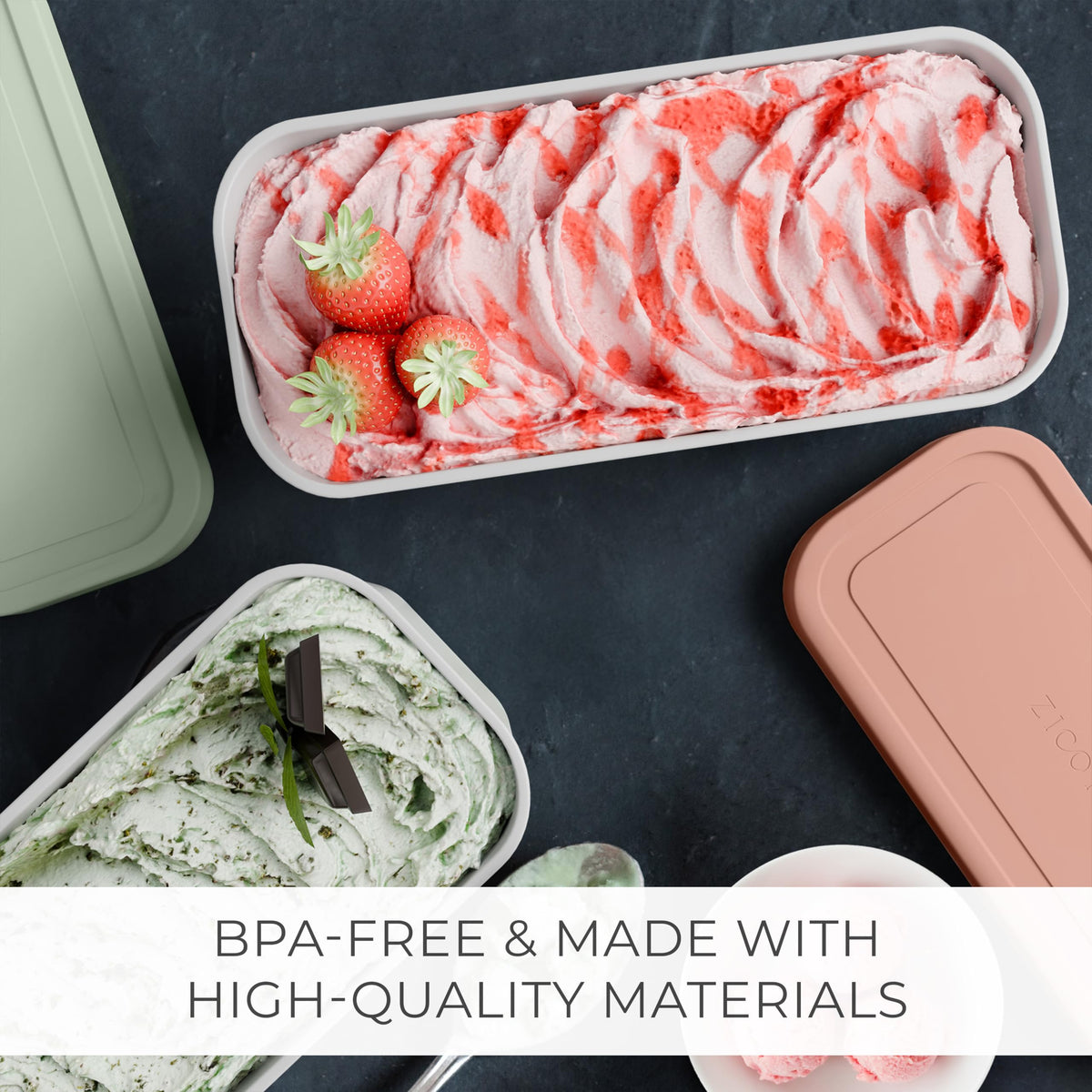 ZICOTO Set of 2 Reusable Ice Cream Tub Containers 2 Quart Each - Perfect for Homemade Sorbet, Frozen Yogurt Or Gelato - Stackable Storage Containers, Stickers And Lids Stores Easily In Freezer
