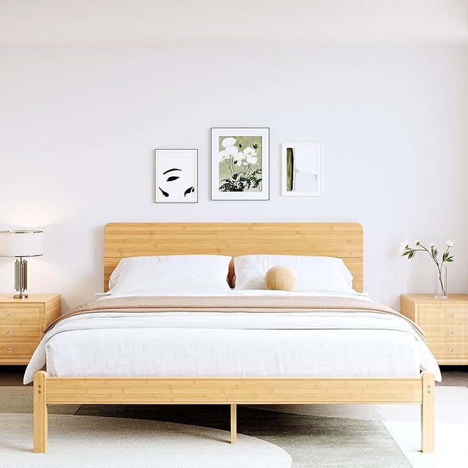 BOSRII 14in High Solid Bamboo Wood Platform King Size Bed Frame