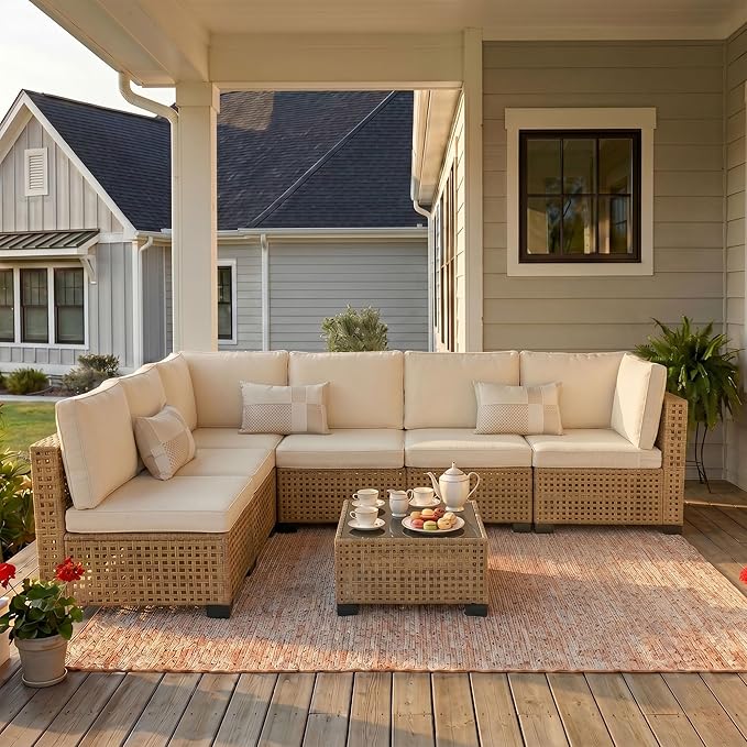 KIGOTY 7-Piece Patio Furniture Set, All-Weather PE Rattan Outdoor Sectional Sofa