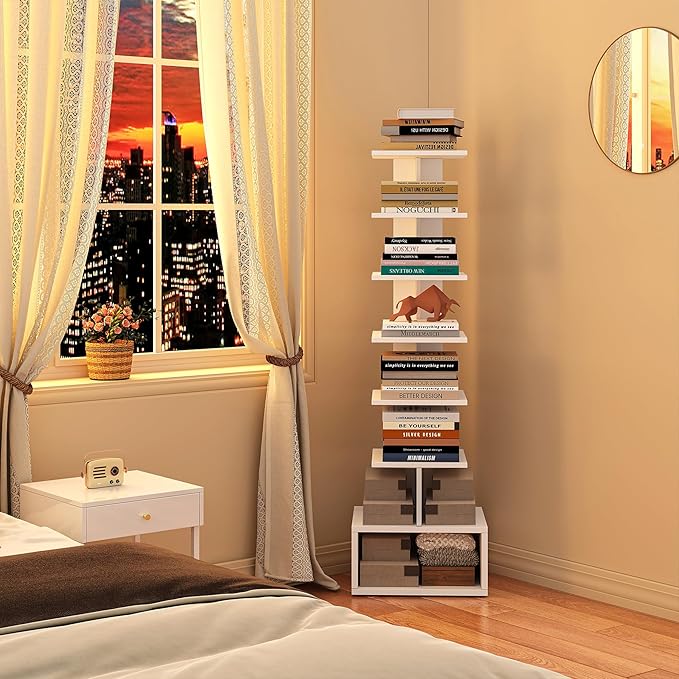 TUTOTAK Narrow Bookshelf, Vertical 8-Tier Bookcase, Spine Book Shelf