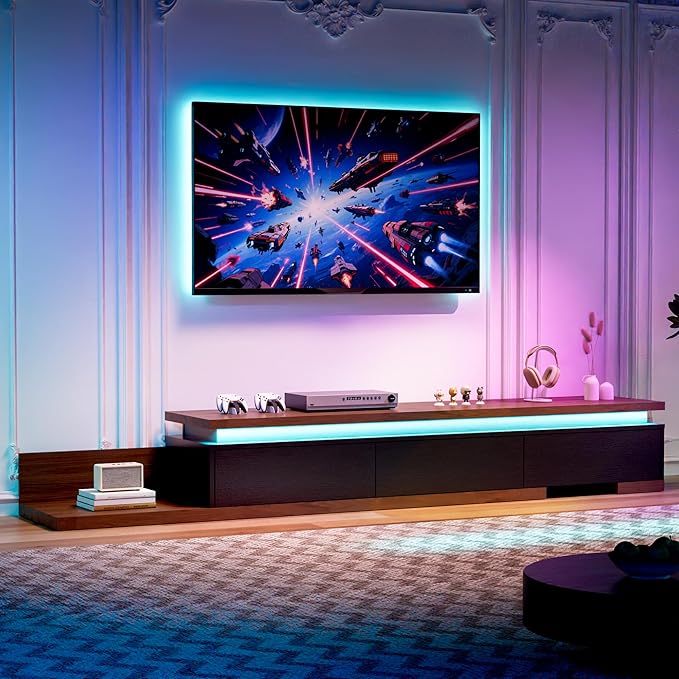 Extendable TV Stand with LED Lights, Modern TV Console with 3 Drawers, Wooden