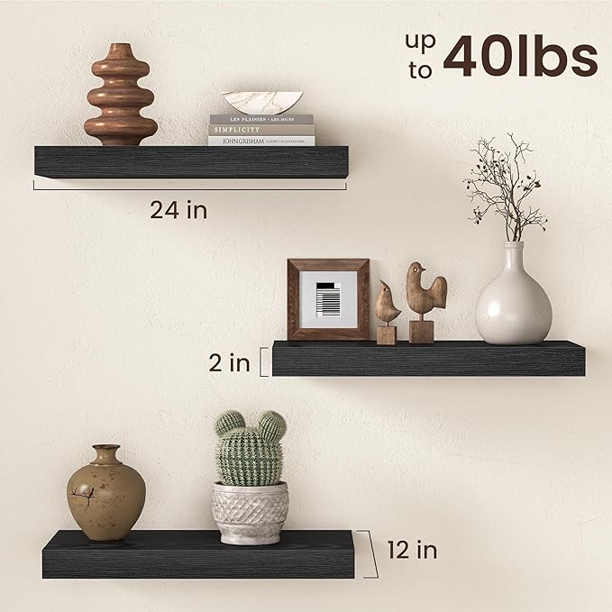 Fun Memories 12 Inch Deep Black Floating Shelf, 24 x 12 Rustic Wood Wall Shelf
