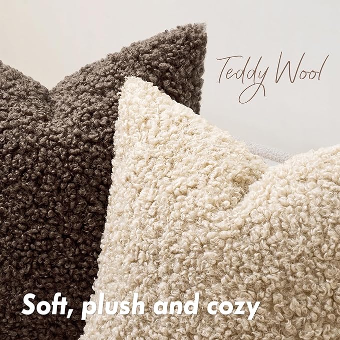 Faux Fur Throw Pillow Covers 20x12 Inch Set of 2 Boucle Neutral Decorative