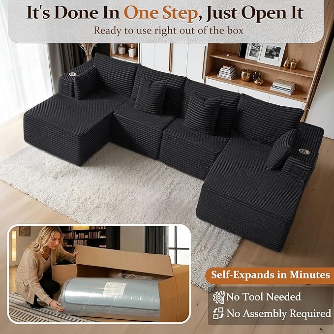 138" Cloud Sectional Couch, Comfort U Shaped Sofa