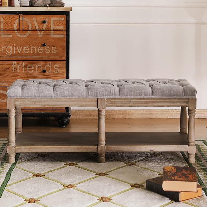 Farmhouse Storage Bench Wooden Entryway Upholstered Tufted Ottoman Bench