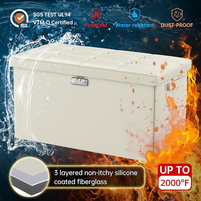ENGPOW Storage Ottoman Bench, Fireproof Folding Bench