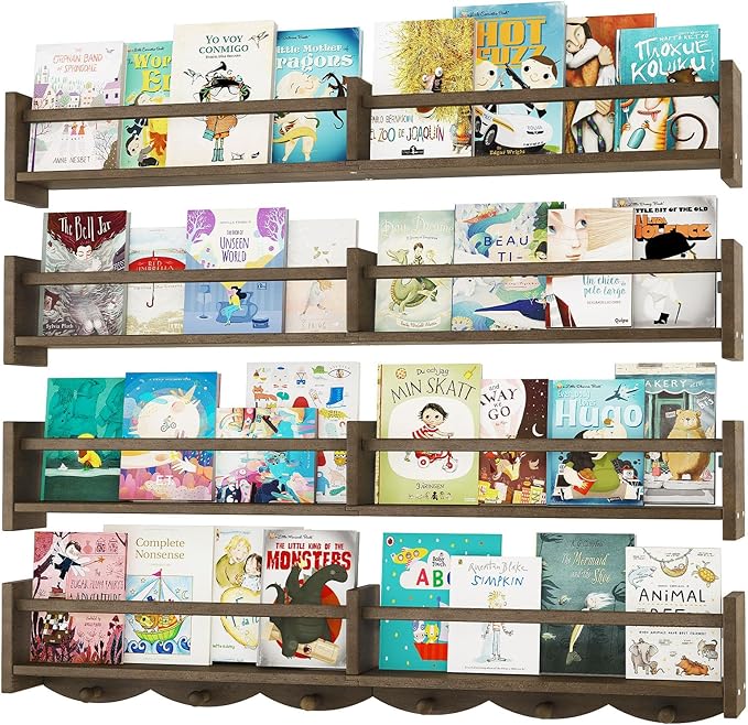 34Inch Nursery Bookshelves, Wall Floating Shelf Kids Coat Rack