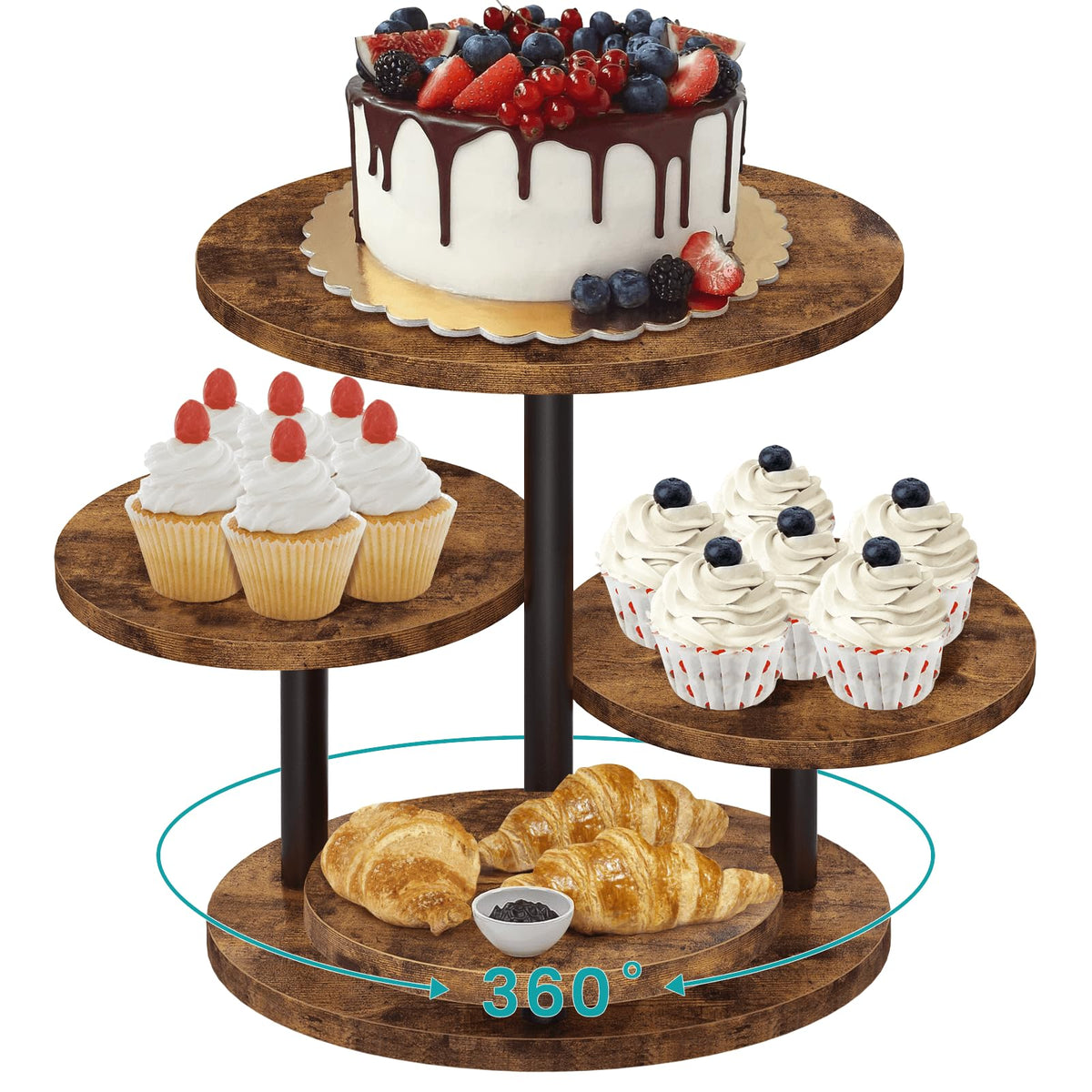 ELITEROO 4 Tier Round Cupcake Tower Stand for 50 Cupcakes, 360° Rotating Wood Cake Stand with Tiered Trays, Farmhouse Cookie Stand for Dessert Table Display for Wedding Birthday Baby Shower Tea Party