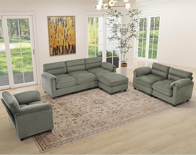 HAOMARKETS Corduroy Sofa Set, Upholstered Ottoman, Modern Loveseat and 3-Seater