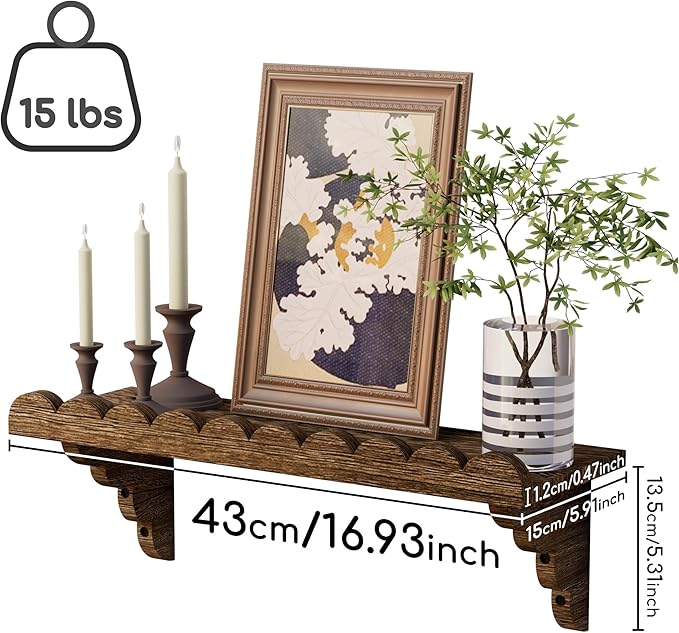 QsQueen Scalloped Wood Wall Shelf – 17 Inch Floating Shelf
