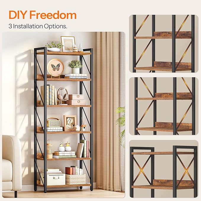 HOOBRO Bookshelf, 6-Tier Industrial Bookcase, Book Shelf Storage Organizer