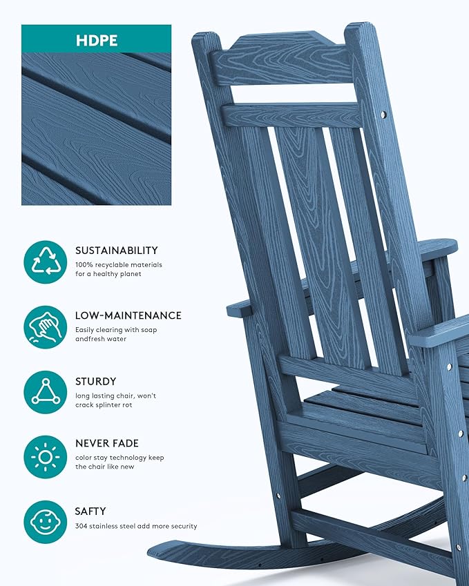 SERWALL Blue Outdoor Rocking Chair Set of 2, All Weather Patio Rocking Chair