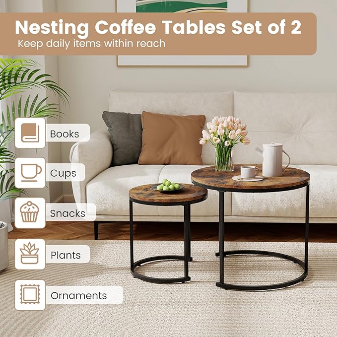 Giantex Nesting Coffee Table Set of 2, Round Stacking Side Tables w/Wooden