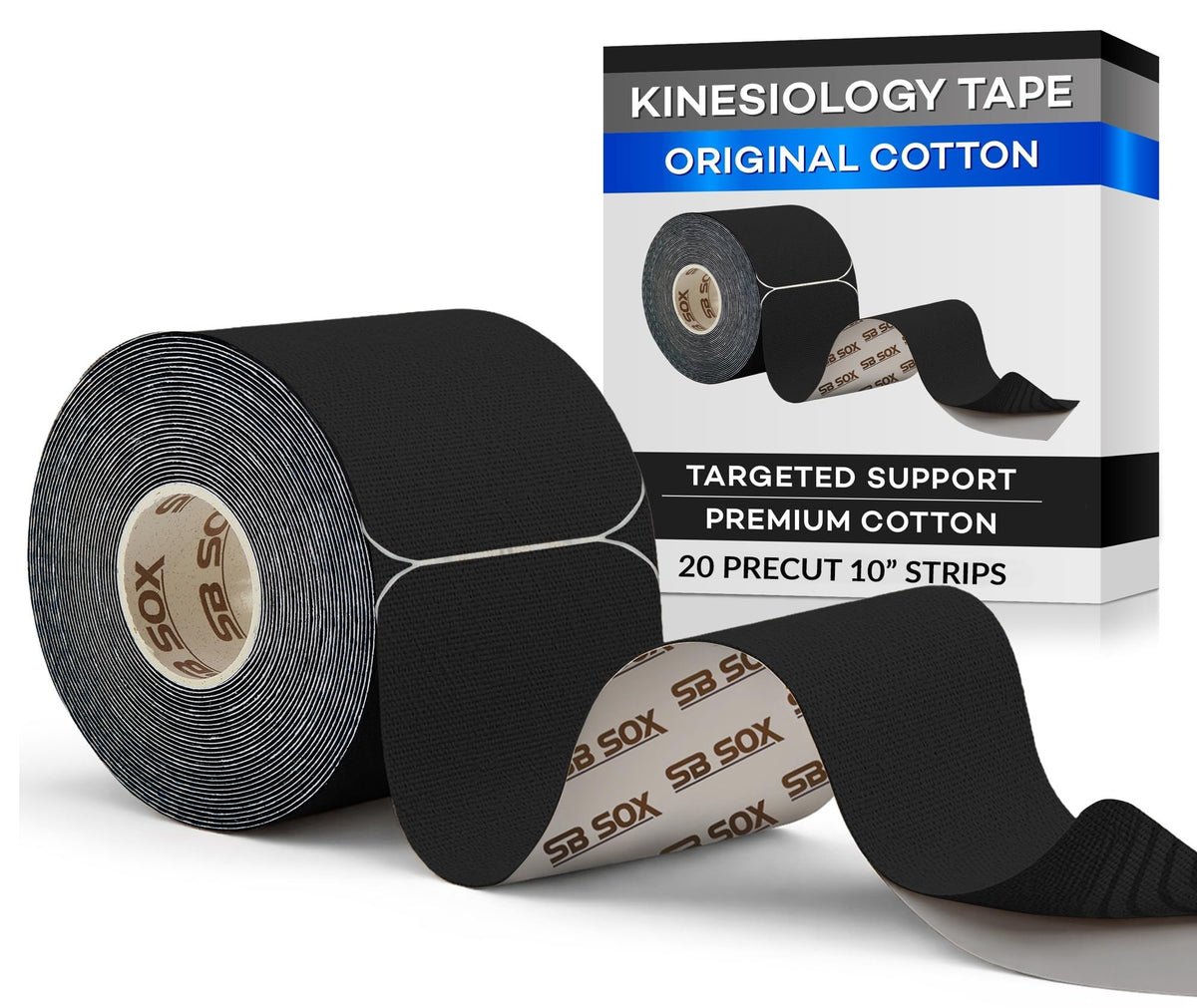 SB SOX Original Cotton Kinesiology Tape Roll – Best Latex Free Athletic Tape for Muscles/Joints – Waterproof, Stretchy, and Gentle on Skin (16ft) (Black - Precut)