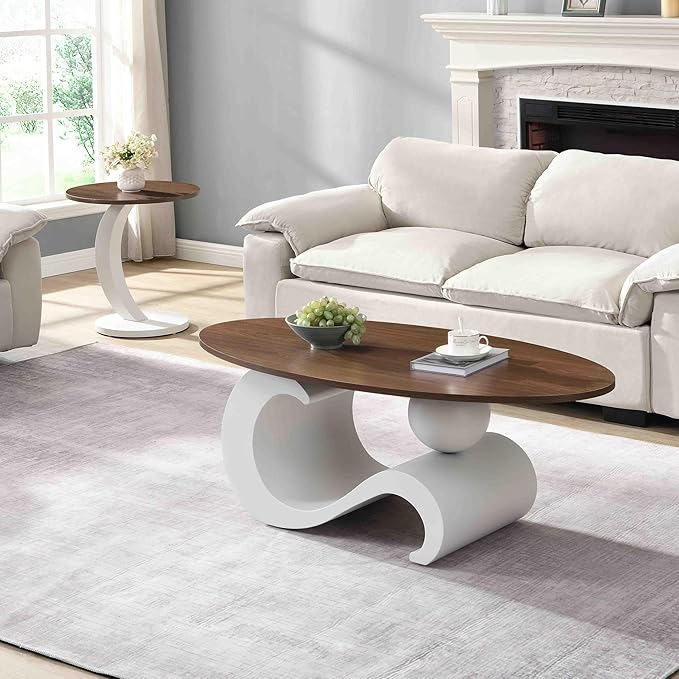 Modern Oval Coffee Table Set of 2, Wood Nesting Coffee Tables