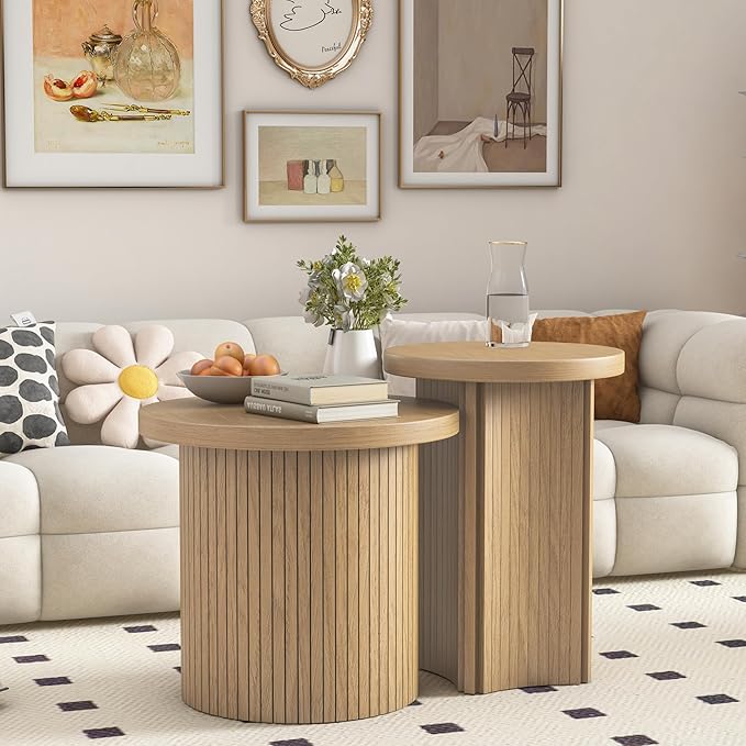 Set of 2 Nesting Coffee Tables Farmhouse, Round Coffee Tables Living Room