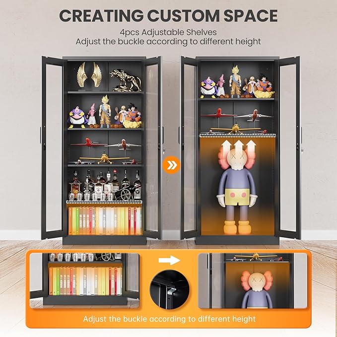 Locking Display Cabinet with Glass Door, 71”H Metal Curio Cabinets with