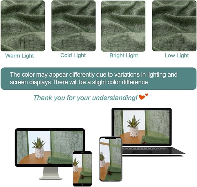 Chyhomenyc Sage Green Semi Sheer Curtains 36 Inch Length, Light Filtering Faux