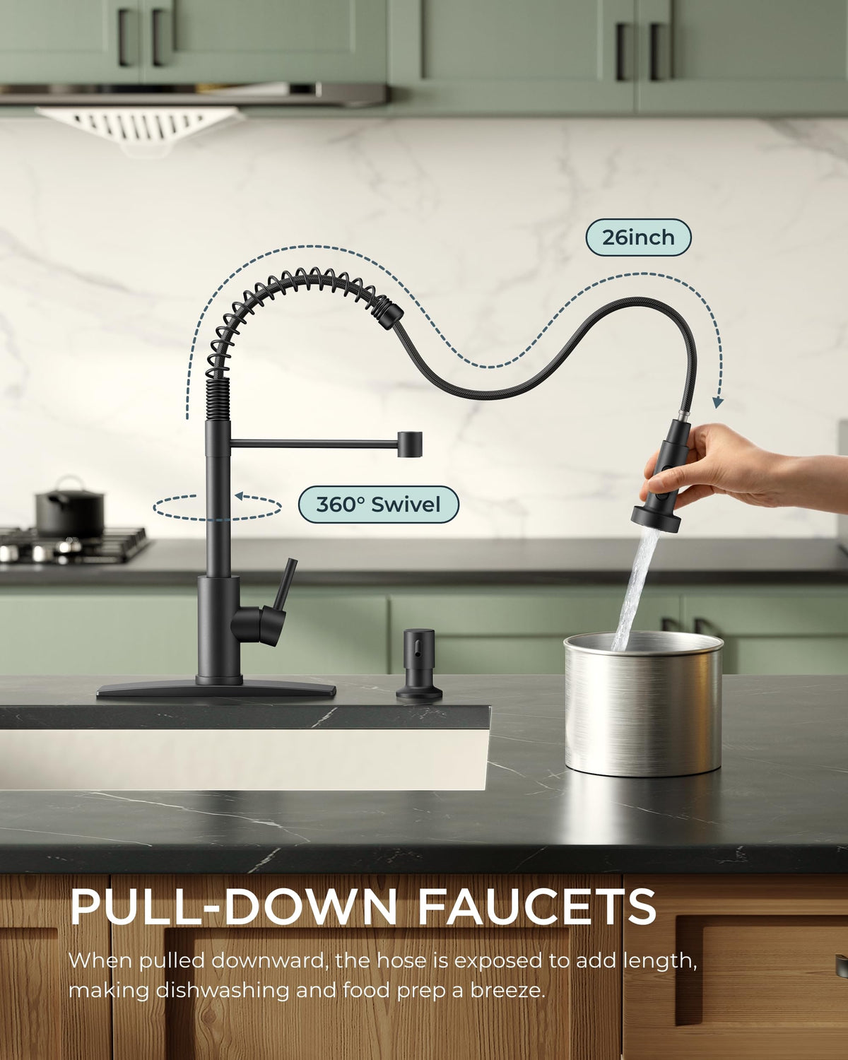 FORIOUS Black Kitchen Faucet with Pull Down Sprayer, Stainless Steel Commercial Single Handle Classic Spring Pull Out Kitchen Sink Faucet for Pot Filler, Farmhouse Camper Bar Laundry Room
