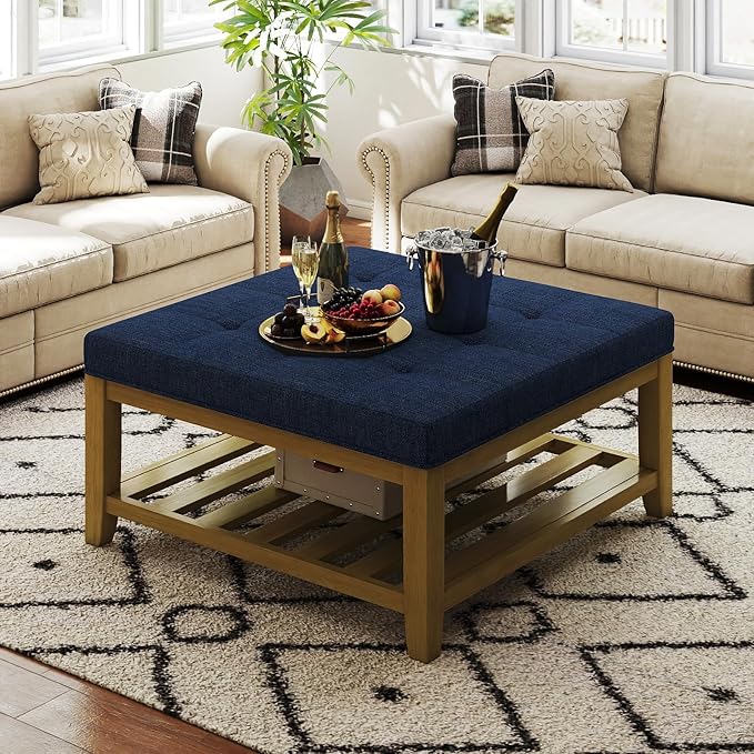 Befurtori Large Square Ottoman Coffee Table, Linen Solid Upholstered Footrest