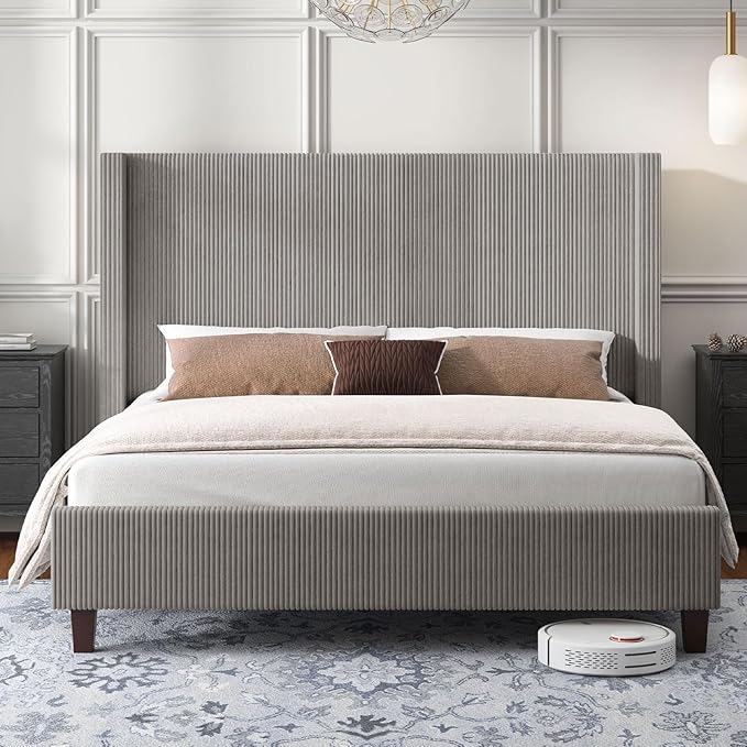 HOWE Queen Size Bed Frame with 50.8" Tall Wingback Headboard, Modern Corduroy