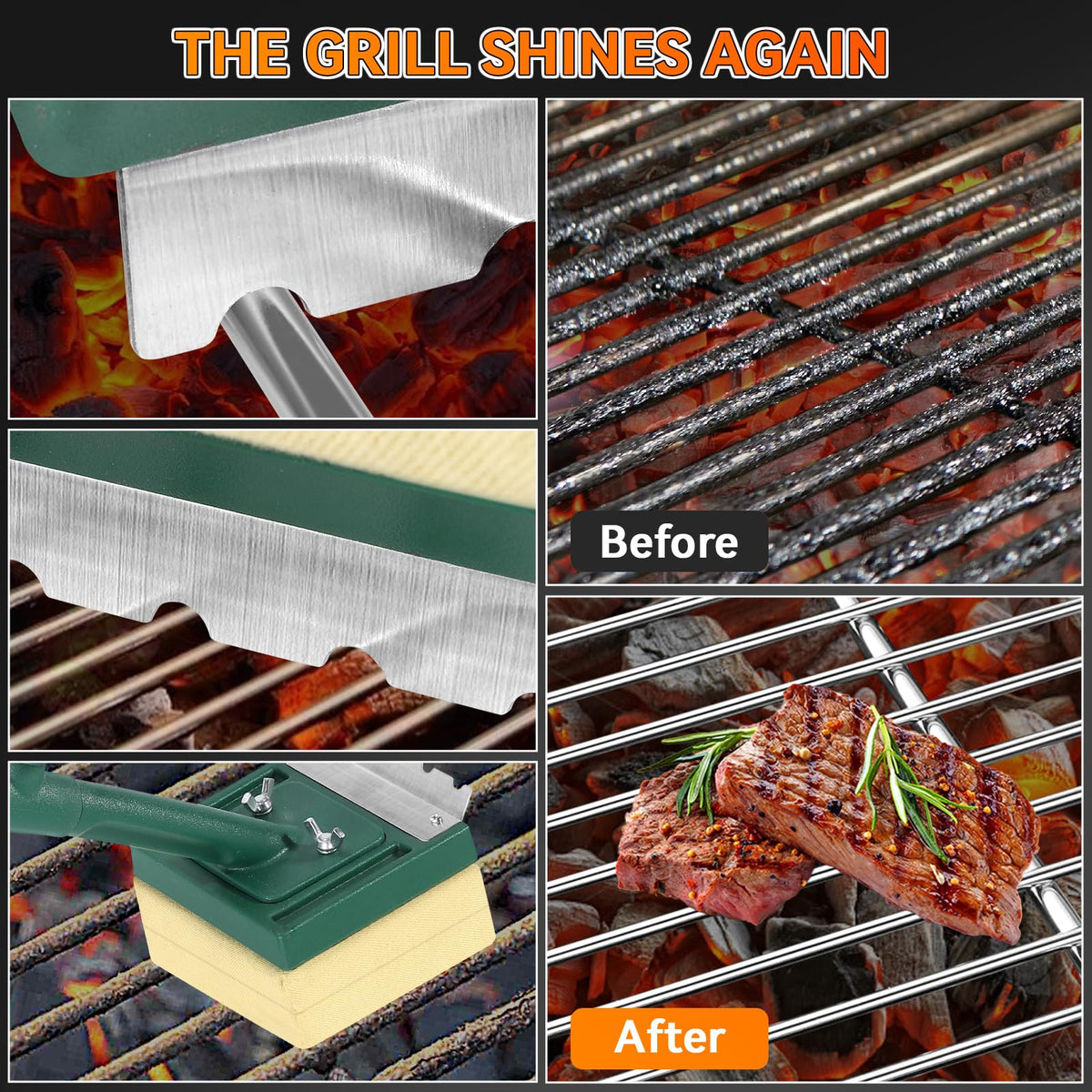 Grill Brush Bristle Free with Scraper,22" Extra Long Steam Grill Brush for Outdoor Grill,Replaceable Cleaning Head,Safe Grill Cleaner for Cast Iron/Stainless-Steel Grates,Ideal BBQ Gifts for Men Dad