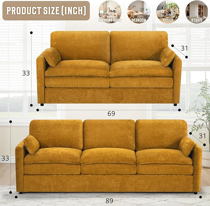 Comfy Chenille Sofa Set with Well-Filled Pillows, Modern 3 Seater and Loveseat