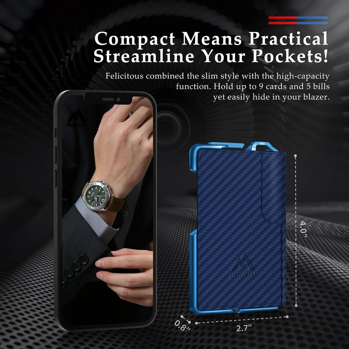 MURADIN Tactical Minimalist Wallet for Men, Slim RFID-Blocking Metal Card Holder, Front Pocket Men’s Leather Dapper Bifold Wallet with Money Clip (Carbon Fiber Blue)