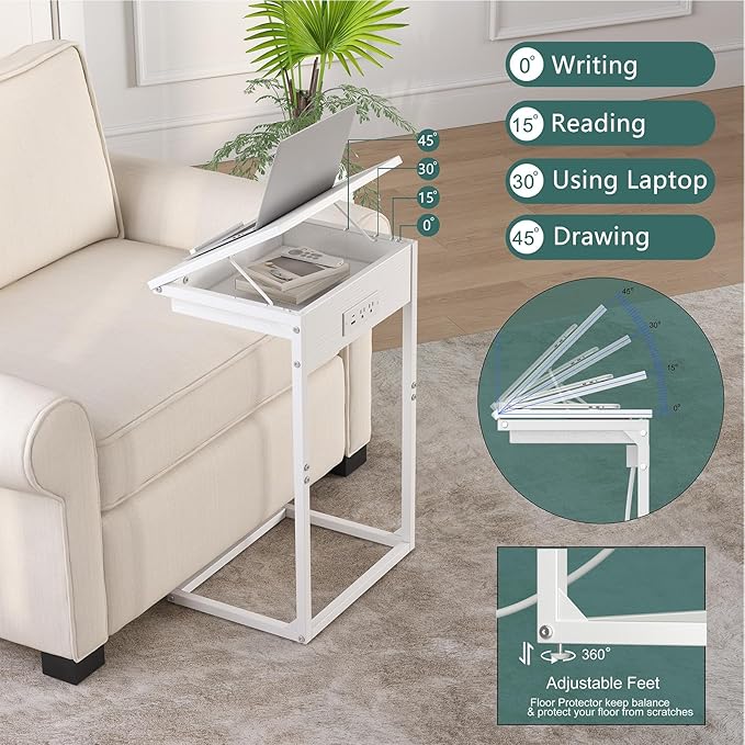 sthmec C Shaped End Table with Charging Station, 45° Tiltable Adjustable Flip
