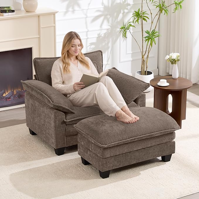 Oversized Accent Chair with Ottoman, Upholstered Armchair with Extra Thick