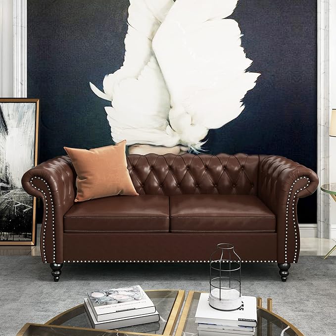 ORRD 2 Piece Living Room Set, Chesterfield Leather Sofa Loveseat Couch