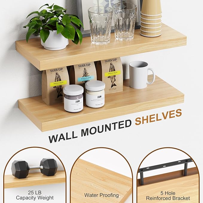 Bellsal Floating Shelves for Wall, Maple Wood Wall Shelf Set of 4, Living Room