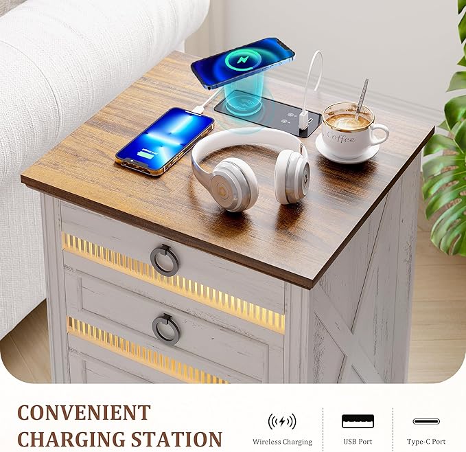 Farmhouse Night Stand with Gun Drawer, Bedside Table with Charger Station